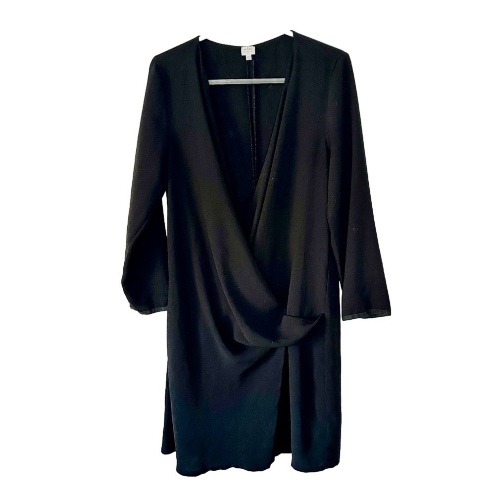 Aritzia Wilfred Drappy Faux Wrap Pleated Black Crepe Dress V Neck Office Size 6